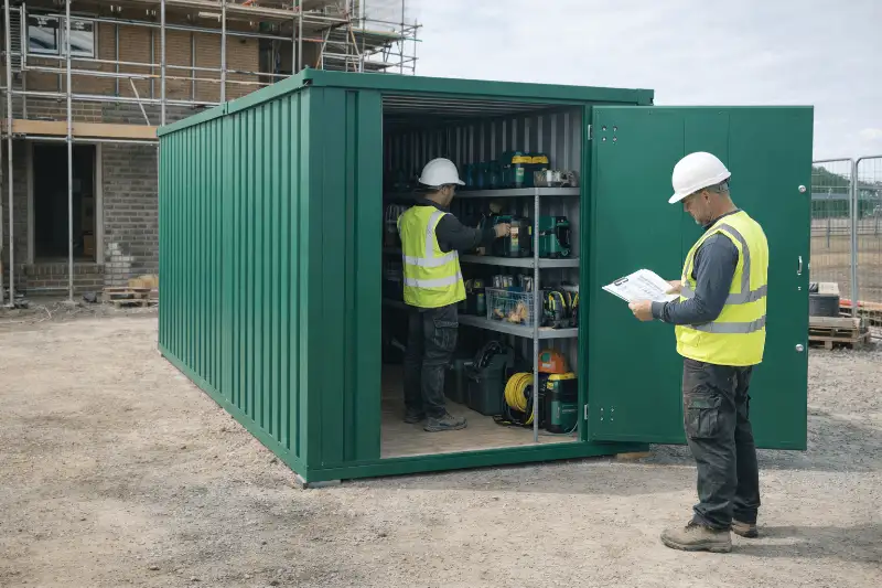 Site workers loading tools into a Door To Store unit on a construction site