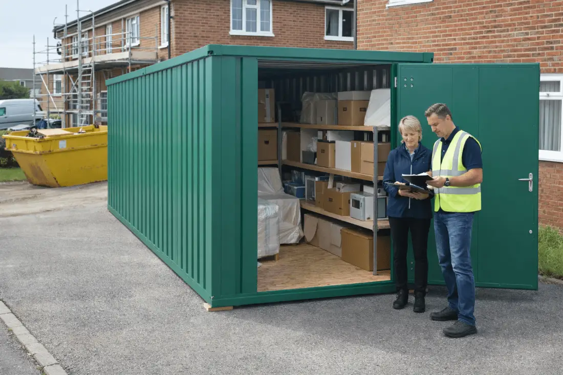 Customer and installer at an open Door To Store unit full of boxes
